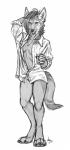 4_toes anthro barefoot beverage biped breasts canid canine canis claws clothed clothing coyote deyvarah digital_media_(artwork) digitigrade feet female fur glass hi_res looking_at_viewer mammal monochrome open_clothing open_shirt open_topwear pawpads paws sahara_(nicnak044) shirt solo standing toes topwear
