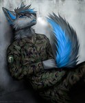 5_fingers anthro black_body black_fur blue_body blue_fur bottomwear clothing fingers fur hair male military military_uniform multicolored_hair open_mouth pants sitting solo uniform angiewolf furaffinity carijet mammal 2018 hi_res