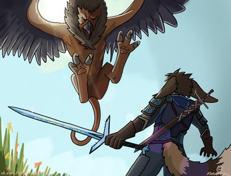 action_pose anthro armor battle duo fantasy feral male melee_weapon outside pose sky sword weapon wings xleb0rezka mythology avian canid canine fantasy_creature fox gryphon mammal mythological_avian mythological_creature digital_media_(artwork) hi_res