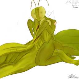 4_legs after_sex antennae_(anatomy) anthro arthropod_abdomen blood bodily_fluids bone breasts cannibalism compound_eyes duo eating featureless_breasts female female_anthro green_body green_eyes hug larger_female male male/female male_anthro mandibles nude nude_female nude_male pseudo_pupils raptorial_(anatomy) size_difference smaller_male thick_thighs alostcarolean kjar'lek_(alostcarolean) arthropod insect mantis 1:1 absurd_res hi_res