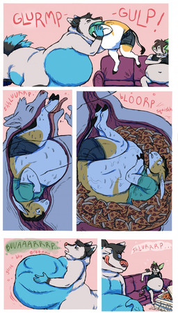 anthro belly big_belly burping food food_in_stomach group male male_pred oral_vore overweight pizza sitting text trio vore 934 taur comic hi_res