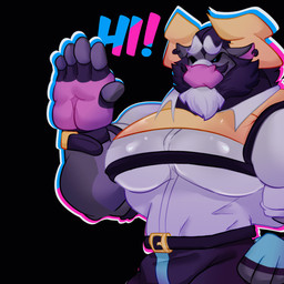 anthro barazoku beard belt big_moobs clothing ear_piercing facial_hair gesture gloves handwear horn humanoid_hands male moobs muscular muscular_anthro muscular_male mustache piercing salute shirt solo text topwear underwear morishasu morinetsu_(character) bovid bovine cattle mammal 1:1 2d_animation animated loop motion_tweening