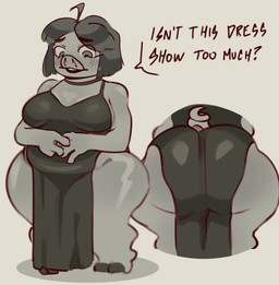 ahoge anthro big_breasts big_butt bottomwear breasts butt butt_focus clothing dress female hair hip_vent huge_butt huge_hips huge_thighs loincloth short_hair shortstack solo standing tail text thick_thighs wide_hips hangedc domestic_pig mammal suid suine sus_(pig) absurd_res english_text hi_res