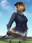 aircraft airplane anthro belt blue_eyes brown_body brown_fur clothing cloud day female fur grass hair hat headgear headwear looking_up military_uniform outside plant propeller smile solo uniform vehicle littlenapoleon canid canine canis domestic_dog herding_dog mammal pastoral_dog welsh_corgi 2014 3:4 digital_media_(artwork)