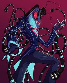 antennae_(anatomy) blue_clothing clothing electronics for_a_head hat headgear headwear looking_at_viewer male red_eyes screen screen_face simple_background smile smiling_at_viewer solo suit television wire roxyvaldraws hazbin_hotel hellaverse vox_(hazbin_hotel) demon humanoid object_head screen_head sinner_demon tv_head hi_res