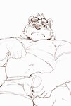 anthro belly bulge clothed clothing clothing_lift cute_fangs eyewear fangs glasses humanoid_hands kemono male navel shirt shirt_lift simple_background slightly_chubby solo teeth topwear underwear white_background heylaw21 bear mammal 2024 absurd_res hi_res sketch