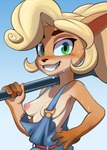 4_fingers anthro areola blonde_hair blush bodily_fluids breasts clothing eyebrows eyelashes female fingers fur green_eyes hair hand_on_hip looking_at_viewer medium_breasts nipples orange_body orange_fur overalls smile solo sweat tan_body tan_fur teeth blazera activision crash_bandicoot_(series) coco_bandicoot bandicoot mammal marsupial 2024 absurd_res hi_res portrait