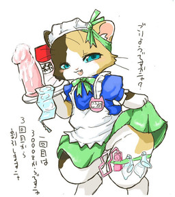 anthro biped blue_eyes blush bodily_fluids bottomwear clothed clothed_anthro clothed_female clothing condom condom_wrapper dialogue digitigrade dildo dress egg_vibrator female female_anthro filled_condom front_view genital_fluids half-closed_eyes lube maid_apron maid_headdress maid_uniform narrowed_eyes open_mouth open_smile partially_clothed penetration sex_toy sex_toy_in_vagina sex_toy_insertion sexual_barrier_device skirt slim slim_anthro slim_female smile solo text uniform vaginal vaginal_fluids vaginal_penetration vibrator vibrator_in_vagina diru capcom monster_hunter calico_cat domestic_cat felid feline felis felyne lynian mammal 2017 cel_shading digital_drawing_(artwork) digital_media_(artwork) japanese_text shaded