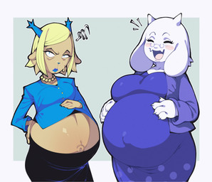 anthro belly belly_peeking_out belly_tuft big_belly blonde_hair blue_clothing blue_dress blue_shirt blue_topwear blush blush_lines blush_stickers both_pregnant breasts clothing dress duo eyelashes female fur hair horn huge_belly hyper hyper_belly hyper_pregnancy long_eyelashes multiple_pregnancies pregnant pregnant_anthro pregnant_female shirt tear_trough topwear tuft white_body white_fur hellbrain deltarune undertale_(series) carol_holiday toriel bovid caprine deer goat mammal new_world_deer reindeer 2025 hi_res