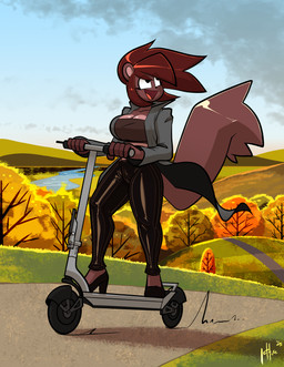 anthro bandeau big_breasts black_bottomwear black_clothing black_footwear black_high_heels black_latex black_pants bottomwear breasts brown_bandeau brown_body brown_clothing brown_fur brown_hair brown_topwear clothed clothed_anthro clothed_female clothing female footwear fur grey_clothing grey_jacket grey_topwear hair high_heels jacket latex latex_bottomwear latex_clothing latex_pants outside pants scooter shoes solo tail topwear lettuce_(artist) izzy_(buxy) mammal rodent sciurid tree_squirrel 2025 absurd_res digital_media_(artwork) hi_res