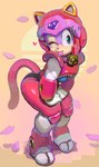 abstract_background anthro armor bell biped blue_eyes crouching eyelashes female fur headgear helmet machine one_eye_closed pink_body pink_fur solo standing tail tongue tongue_out wink flo samurai_pizza_cats polly_esther domestic_cat felid feline felis mammal robot 2025 absurd_res digital_media_(artwork) digital_painting_(artwork) full-length_portrait hi_res painting_(artwork) portrait