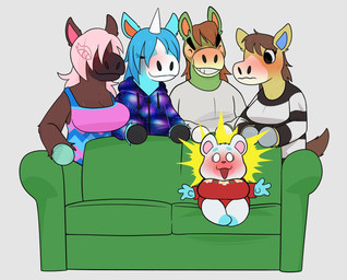 anthro blue_body blue_fur blush blush_lines brown_body brown_fur clothed clothing female female_anthro flustered fully_clothed fur furniture green_body green_fur hair hair_over_eye hooves imminent_gangbang imminent_group_sex imminent_sex interspecies looking_at_viewer on_sofa overweight overweight_female pink_hair sitting sitting_on_sofa size_difference smaller_female sofa surprised white_body white_fur yellow_body yellow_fur crushpepper animal_crossing nintendo piper_perri_surrounded buck_(animal_crossing) flurry_(animal_crossing) julian_(animal_crossing) reneigh_(animal_crossing) winnie_(animal_crossing) cricetid equid equine hamster mammal rodent hi_res meme
