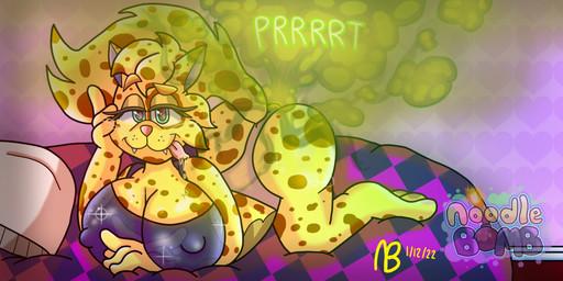 anthro bed big_breasts breasts clothing fangs fart fart_cloud fart_fetish female furniture green_fart_cloud looking_at_viewer lying lying_on_bed nipple_outline on_bed panties solo spots teeth tongue tongue_out underwear noodlebomb45 kattie_(noodlebomb45) felid leopard mammal pantherine 2:1