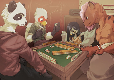 anthro beak beak_piercing cigarette clothed clothing facial_piercing feathered_wings feathers furgonomics furry-specific_piercing group hair mahjong male piercing smoke smoking smoking_cigarette white_body wings chalk_outline arsene_(nisvuthjusandre) hill_(chalk_outline) martin_(martindosent) accipitriform avian bear bird corvid corvus_(genus) crow giant_panda hyena mammal oscine passerine secretary_bird hi_res