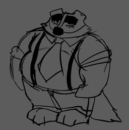 accessory anthro belly big_belly bottomwear clothing male necktie overweight overweight_male pants shirt simple_background solo suspenders topwear bencomedion beastly_crimes beastly_crimes_(2024) chief_badger badger mammal mustelid musteline 2026 hi_res monochrome sketch