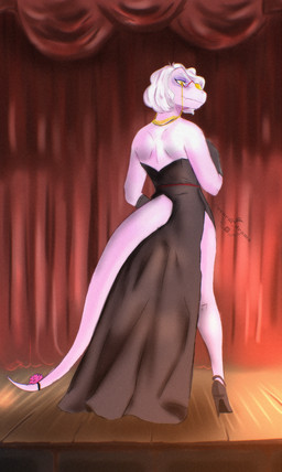 anthro black_clothing black_dress black_gloves black_handwear clothing dress elderly elderly_anthro elderly_female elegant elegant_dress eyelashes eyewear female footwear glasses gloves gold_(metal) gold_jewelry gold_necklace grey_hair hair handwear high_heels jewelry long_tail looking_back mature_anthro mature_female medium_hair necklace pink_body pink_scales scales shoes snout solo stage tail text yellow_eyes vvurm_drama goodbye_volcano_high ko_op_(game_developer) mrs._roberts_(gvh) ceratosaurid ceratosaurus dinosaur prehistoric_species reptile saurischian scalie theropod 2026 absurd_res artist_name digital_drawing_(artwork) digital_media_(artwork) hi_res watermark