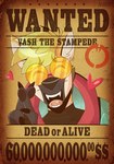 anthro cybernetics emotional eyes_closed eyewear fangs glasses love machine male pawpads paws piercing poster poster_template smile solo teeth text wanted_poster western western_comics_(style) walk-w-igny trigun trigun_stampede vash_the_stampede canid canine cyborg mammal maned_wolf english_text hi_res