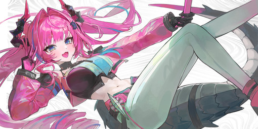 accessory ahoge bare_shoulders big_breasts black_clothing black_crop_top black_gloves black_handwear black_shirt black_topwear blue_eyes blush boots bottomwear breasts choker clothed clothing crop_top cute_fangs fangs female footwear gloves hair hair_accessory handwear happy highlights_(coloring) horn jacket jewelry long_hair navel necklace not_furry open_clothing open_jacket open_mouth open_topwear pants pigtails pink_boots pink_clothing pink_footwear pink_hair pink_jacket pink_topwear pointy_ears prick_ears selfie_stick shirt shoes solo tail tail_scales teeth topwear white_bottomwear white_clothing white_pants mang0_(artist) arknights arknights_endfield hypergryph mythology studio_montagne yvonne_(arknights) animal_humanoid dragon dragon_humanoid horned_humanoid humanoid mythological_creature mythological_scalie scalie absurd_res hi_res