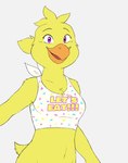 anthro beak breasts clothing feathers female non-mammal_breasts solo yellow_body yellow_feathers ijpalette-color five_nights_at_freddy's scottgames chica_(fnaf) avian bird chicken galliform gallus_(genus) phasianid digital_media_(artwork) hi_res