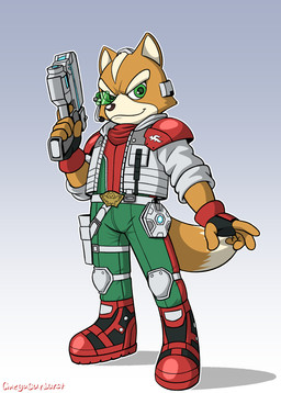anthro clothing electronics fingerless_gloves gloves gradient_background gun handwear headgear headphones headset looking_at_viewer male ranged_weapon simple_background solo weapon omegasunburst nintendo star_fox fox_mccloud canid canine fox mammal hi_res
