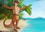 4_toes 5_fingers anthro arms_out beach bottomwear brown_body brown_fur brown_hair clothed clothing day detailed_background eyes_closed featureless_chest feet fingers fur hair island loincloth male markings membrane_(anatomy) mountain muscular muscular_anthro muscular_male navel open_clothing open_shirt open_topwear outside palm_tree plant sand seaside shirt shoreline sky smile solo tan_body tan_fur toes topwear tree tribal tribal_markings water webbed_hands lycangel ferloo mammal mustelid otter 2020 digital_media_(artwork)