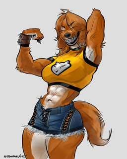 abs anthro biped black_lips bottomwear braces brown_body brown_fur brown_hair clothed clothed_female clothing crop_top eyebrows eyes_closed female flexing flexing_bicep floppy_ears front_view fur hair hand_behind_head hotpants lips midriff muscular muscular_anthro muscular_female sharp_teeth shirt shorts simple_background solo standing t-shirt tail teeth thick_thighs toothy_grin topwear sumamiarts buffy_(sumamiarts) canid canine canis domestic_dog mammal 4:5 absurd_res hi_res