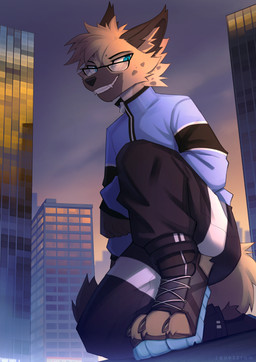 anthro black_claws blue_eyes city claws eyewear glasses grin hair male natural_colors on_roof short_hair smile solo sunset teeth wearing_glasses if-fi ceri hyena mammal hi_res