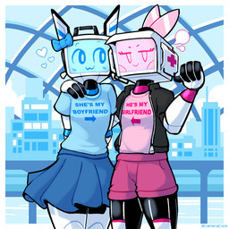 :3 arm_around_shoulders bottomwear city cityscape clothed clothing crossdressing detailed_background duo female heart_symbol looking_at_viewer machine male not_furry screen screen_face skirt smile text text_on_clothing baronflint avalon_(baronflint) camelot_(baronflint) humanoid robot robot_humanoid 1:1