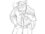 anthro bottomwear clothing humanoid_hands kemono male necktie pants shirt simple_background slightly_chubby smoking solo topwear white_background oogamikennta canid canine canis domestic_dog mammal 2015 4:3 monochrome