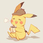 ambiguous_gender beverage clothing coffee container cup detective_pikachu detective_pikachu_(video_game) fur generation_1_pokemon hat headgear headwear holding_container holding_cup holding_object mug nintendo open_mouth open_smile pikachu pokemon pokemon_(species) signature simple_background sitting smile solo wusagi2 yellow_body yellow_fur