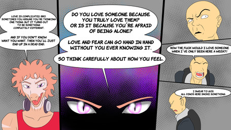 annoyed anthro athletic athletic_anthro athletic_male bald biped clothed clothed_anthro clothed_human clothed_male clothing dialogue duo frown grey_background grey_clothing grey_jacket grey_topwear hair jacket looking_at_viewer male markings narrowed_eyes open_mouth pink_body pink_hair profanity purple_eyes red_clothing red_shirt red_tank_top red_topwear shirt short_hair simple_background smug speech_bubble striped_markings stripes talking_to_another tank_top text topwear yelling fuegosonic93 cavemanon_studios goodbye_volcano_high ko_op_(game_developer) snoot_game anon_(snoot_game) reed_(gvh) dinosaur dromaeosaurid human mammal prehistoric_species reptile saurischian scalie theropod velociraptor 16:9 4k absurd_res colored comic english_text hi_res widescreen
