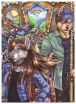 amusement_ride anthro blush brown_hair carousel cellphone cerby_lecter clothing collar denim denim_clothing denim_jacket denim_topwear duo ear_piercing electronics female fingers_in_hair flip_phone group hair hat headgear headwear holding_object holding_phone jacket long_hair male phone piercing surprise topwear cockiestspaniel canid canine canis domestic_dog mammal 2012 colored_pencil_(artwork) hi_res marker_(artwork) mixed_media pen_(artwork) traditional_media_(artwork)