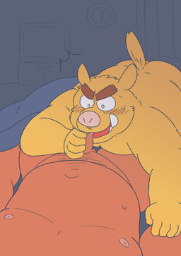 anthro bed bedding bedroom belly blanket blush butt duo electronics erection furniture genitals humanoid_genitalia humanoid_hands humanoid_penis kemono male male/male moobs navel nipples oral overweight overweight_male penis sex television kick_(artist) mammal suid suine sus_(pig) wild_boar 2015