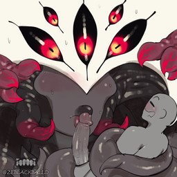 big_penis black_body black_lips black_sclera blush bodily_fluids duo eyes_closed female genitals grey_body kiss_on_penis kissing larger_female larger_humanoid lips macro male male/female multi_eye nude penile penis pseudo_hair pupils red_eyes restrained restrained_by_tentacles size_difference slit_pupils smaller_human smaller_male sweat sweatdrop tentacle_hair tentacles white_body ze_blackball.d the_invader_(ze_blackball.d) alien alien_humanoid eldritch_abomination human humanoid mammal 1:1 absurd_res hi_res