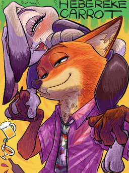 alcohol anthro beer beer_bottle beer_mug beverage blush bottle bottomwear clothing collared_shirt container cup drunk duo female glass glass_container glass_cup green_eyes hand_holding male male/female necktie open_mouth open_smile purple_eyes scut_tail shirt short_tail sitting sitting_on_another sitting_on_shoulders smile substance_intoxication tail text tight_bottomwear tight_clothing topwear shimo_mi_0503 disney zootopia judy_hopps nick_wilde canid canine european_rabbit fox lagomorph leporid mammal oryctolagus rabbit red_fox true_fox absurd_res english_text hi_res