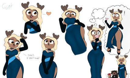 anthro antlers armwear beaver_tail big_breasts blonde_hair blue_clothing blue_dress blush bow_tie breasts brown_body brown_eyes brown_fur choker cleavage clothed clothing dark_hair dress elbow_gloves eyelashes female flowers_in_hand footwear formal_wear freckles fur gloves group hair handwear happy heart_symbol horn jewelry larger_female lipstick makeup male necklace nervous ribbons shoes simple_background size_difference smaller_male smile suit surprised text thick_thighs topwear tube_top wardrobe_malfunction white_background wide_hips guak nora_ashford wade_(guak) beaver deer mammal moose new_world_deer rodent absurd_res hi_res