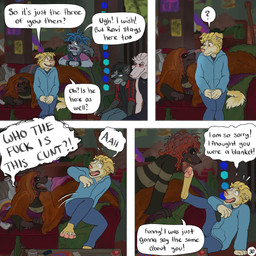 4_panel_comic angry anthro barefoot black_body black_sclera blonde_hair blue_eyes blue_hair bong bottle bottomwear bracelet brown_eyes clothing collar container dialogue dirty dirty_clothing drugs eye_contact facial_piercing feet flannel_shirt fur furniture grey_body grey_fur group hair hands_on_lap hands_together hoodie jewelry long_ears looking_at_another male messy_hair messy_room nose_piercing on_sofa pants piercing pink_clothing pink_shirt pink_topwear profanity question_mark red_eyes red_hair scared shirt sitting sitting_on_sofa smile smiling_at_another snarling sofa speech_bubble spiked_bracelet spiked_collar spikes tail tank_top text topwear under_covers vest white_body white_fur white_hair yelling yellow_body yellow_fur kriek_wildebeest jack_(kriek_wildebeest) jeremy_(kriek_wildebeest) parker_(kriek_wildebeest) tom_(kriek_wildebeest) bird_dog border_collie borzoi canid canine canis cavalier_king_charles_spaniel collie domestic_dog herding_dog hunting_dog husky hybrid mammal nordic_sled_dog pastoral_dog portuguese_water_dog sheepdog sighthound spaniel spitz toy_dog wolf 1:1 comic english_text hi_res