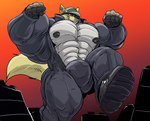 anthro big_bulge big_muscles black_bottomwear black_clothing black_jacket black_nipples black_pants black_topwear bottomwear bulge clothing ear_piercing facial_piercing fist footwear green_clothing green_hat green_headwear grin hat headgear headwear huge_bulge huge_muscles hyper hyper_bulge hyper_muscles jacket long_pants male muscular nipple_piercing nipples nose_piercing nose_ring pants piercing raised_arm raised_leg red_eyes ring_piercing shoes smile solo tail topwear white_body fierglief dallas_the_swolgi canid canine canis domestic_dog mammal 2019 absurd_res hi_res