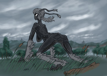 all_fours antennae_(anatomy) anus arm_tuft breasts cloud cloudy_sky creepy eye_bags eyelashes female genitals glistening glistening_body grass hill leg_tuft looking_ahead mountain nipples plant ribs sagging_breasts sky slim solo spring tree tuft vulva wet wind wrinkles serth hangmoss cryptid absurd_res hi_res