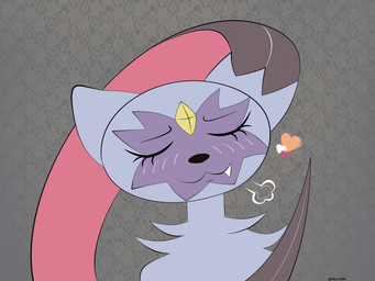 :3 ambiguous_gender anthro biped blush breath eyes_closed front_view fur grey_body grey_fur heart_symbol neck_tuft pattern_background purple_body purple_fur simple_background smile snaggle_tooth text tuft louiss. nintendo pokemon generation_8_pokemon pokemon_(species) sneasler 2025 artist_name colored hi_res shaded