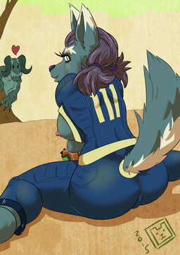 anthro blush breasts brown_hair butt claws clothed clothing duo female furgonomics hair heart_above_head heart_symbol horn looking_back nipples open_clothing open_shirt open_topwear shirt sitting tail tail_clothing tight_clothing topwear vault_suit yellow_eyes bear-box_doodletimes bearbox_doodletimes berox fallout microsoft canid canine deathclaw mammal scalie 2015 hi_res