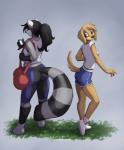 anthro black_hair black_nose bottomwear brown_eyes butt butt_size_difference clothed clothing dolphin_shorts duo female femboy footwear grass hair looking_back plant ponytail shoes shorts standing conditional_dnp jay_naylor audrey_(jay_naylor) brooke_reed canid canine canis domestic_dog mammal procyonid raccoon 2018 digital_media_(artwork) hi_res shaded trans_(lore) trans_woman_(lore)