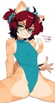 5_fingers ahoge anthro arm_support breasts brown_hair claws clothed clothing clothing_pull dialogue ear_piercing ear_ring eyewear female female_anthro finger_claws fingers fur glasses hair half-closed_eyes kemono leotard looking_at_viewer multicolored_body multicolored_fur multicolored_hair narrowed_eyes pawpads piercing power_symbol ring_piercing sharp_teeth short_hair sitting small_breasts solo spread_legs spreading tail talking_to_viewer teeth text wearing_glasses wide_hips yoako aeiou_(yoako) domestic_cat felid feline felis mammal 2024 digital_media_(artwork) english_text hi_res