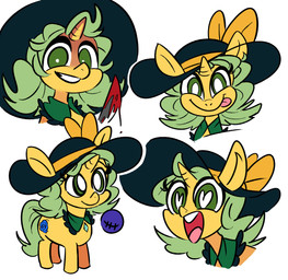 black_clothing black_hat black_headwear blood bodily_fluids clothing constricted_pupils cutie_mark evil_grin female feral green_eyes green_hair green_tail grin hair hat headgear headwear heart_pupils horn knife open_mouth ponification pupils quadruped simple_background small_pupils smile solo tail tongue tongue_out white_background wide_eyed yellow_body young young_feral young_humanoid peargor hasbro my_little_pony mythology touhou koishi_komeiji equid equine humanoid mammal mythological_creature mythological_equine unicorn absurd_res expression_sheet hi_res