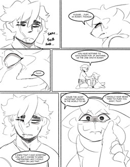 anthro bodily_fluids clothing dialogue duo facial_hair facial_scar female hand_on_cheek kneeling male scar shirt talking_to_another tears tears_of_pain text topwear wiping_tears spicykiwi nintendo pokemon thomas_(spicykiwi) tulip_(spicykiwi) floragato generation_9_pokemon human mammal pokemon_(species) absurd_res comic english_text hi_res story