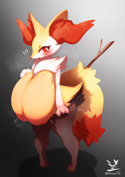 anthro big_breasts blush breasts emanata female fur huge_breasts hyper hyper_breasts inner_ear_fluff interrobang inverted_nipples looking_at_viewer nipples simple_background solo standing stick tuft yellow_body yellow_fur usssar12 nintendo pokemon braixen generation_6_pokemon pokemon_(species) hi_res signature