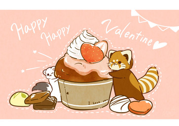 ambiguous_gender biped brown_body brown_fur candy chibi chocolate dessert dot_eyes duo feral food fur holidays simple_eyes text white_body white_fur shi_nominmin valentine's_day ailurid mammal mustelid musteline red_panda stoat true_musteline weasel 2020 hi_res letterbox