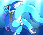 absurd_res anus blue_body butt eeveelution female feral generation_1_pokemon genitals hi_res implied_water looking_at_viewer nintendo nulloffset pawpads paws pokemon pokemon_(species) pussy quote_(nulloffset) raised_tail red_eyes solo tail underwater vaporeon water