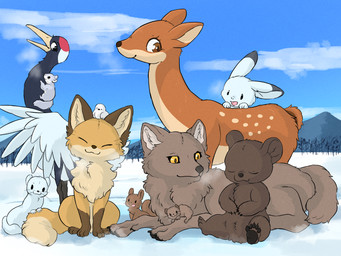 4_toes ambiguous_gender beak black_body black_nose black_pawpads breath brown_body brown_eyes brown_fur chest_tuft claws cloud countershading day detailed_background dipstick_tail ear_markings eyes_closed feathered_wings feathers feet feral fluffy fluffy_tail fur grey_body grey_fur group hooves inner_ear_fluff larger_feral lying markings mountain multicolored_body multicolored_fur multicolored_tail open_mouth open_smile orange_body orange_fur outside pawpads paws plant quadruped short_tail sitting size_difference sky smaller_ambiguous smaller_feral smile snow spots tail tail_markings tan_body tan_fur toes tree tuft white_body white_feathers white_fur white_tail wings winter yellow_eyes young young_feral fusau avian bear bird brown_bear bushtit canid canine crane_(bird) deer fox gruiform grus_(genus) lagomorph leporid mammal mustelid musteline oscine passerine rabbit red-crowned_crane rodent sciurid stoat tree_squirrel true_musteline ursine weasel 2024 4:3 detailed digital_media_(artwork) hi_res