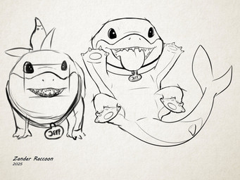collar collar_only happy lying male nude on_back raised_arm sharp_teeth smile teeth tongue tongue_out zander_the_raccoon marvel marvel_rivals jeff_the_land_shark aquatic fish shark 2025 4:3 monochrome signature sketch